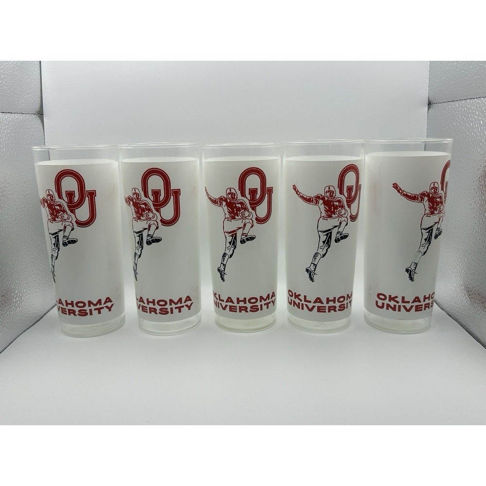 (5) Set of Vintage Oklahoma Sooners Football Cocktail Tumbler Glass‎ BIG RED - Picture 2 of 5